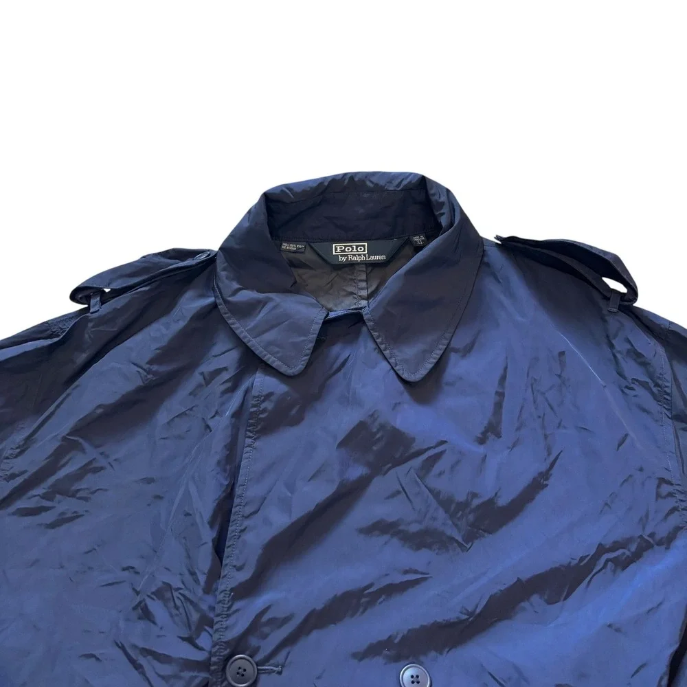 Polo Ralph Lauren Mens Navy Blue Nylon Double Breasted Trench Coat XL Epaulets‎